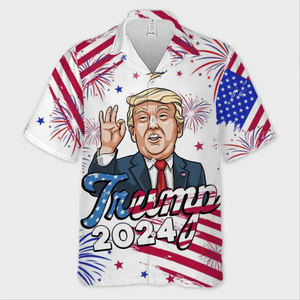 2024 We're Here With Trump - US Election Unisex Tropical Hawaiian Aloha Shirt - Summer Vacation Gift For Trump Supporters