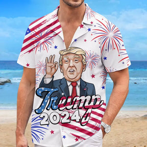 2024 We're Here With Trump - US Election Unisex Tropical Hawaiian Aloha Shirt - Summer Vacation Gift For Trump Supporters