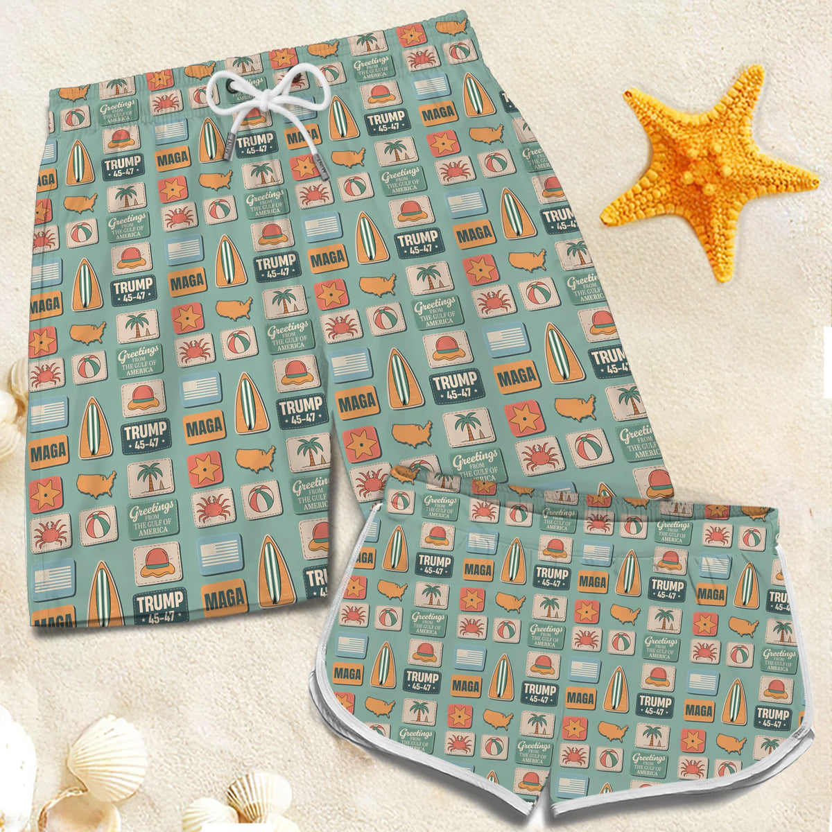Gulf Of America Republican State Tropical Hawaiian Aloha Couple Beach Shorts - US Patriotic Pride Summer Gifts For Conservative Supporters - Beach, Brunch, Brave America