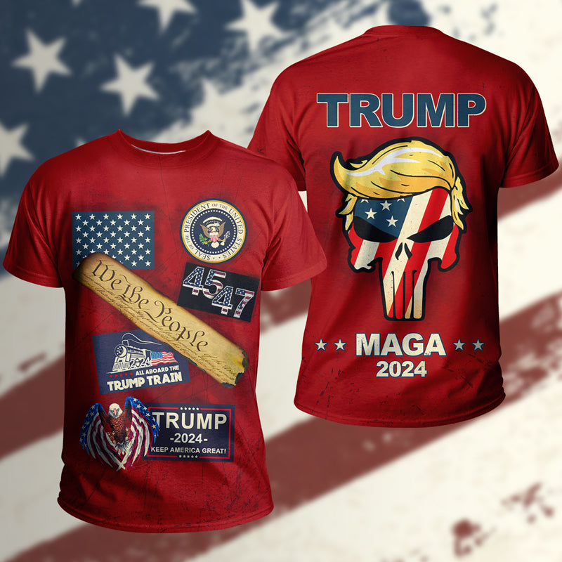 All Aboard The Trump Train MAGA 2024 We The People - All-Over Printed T-shirt, Hoodie